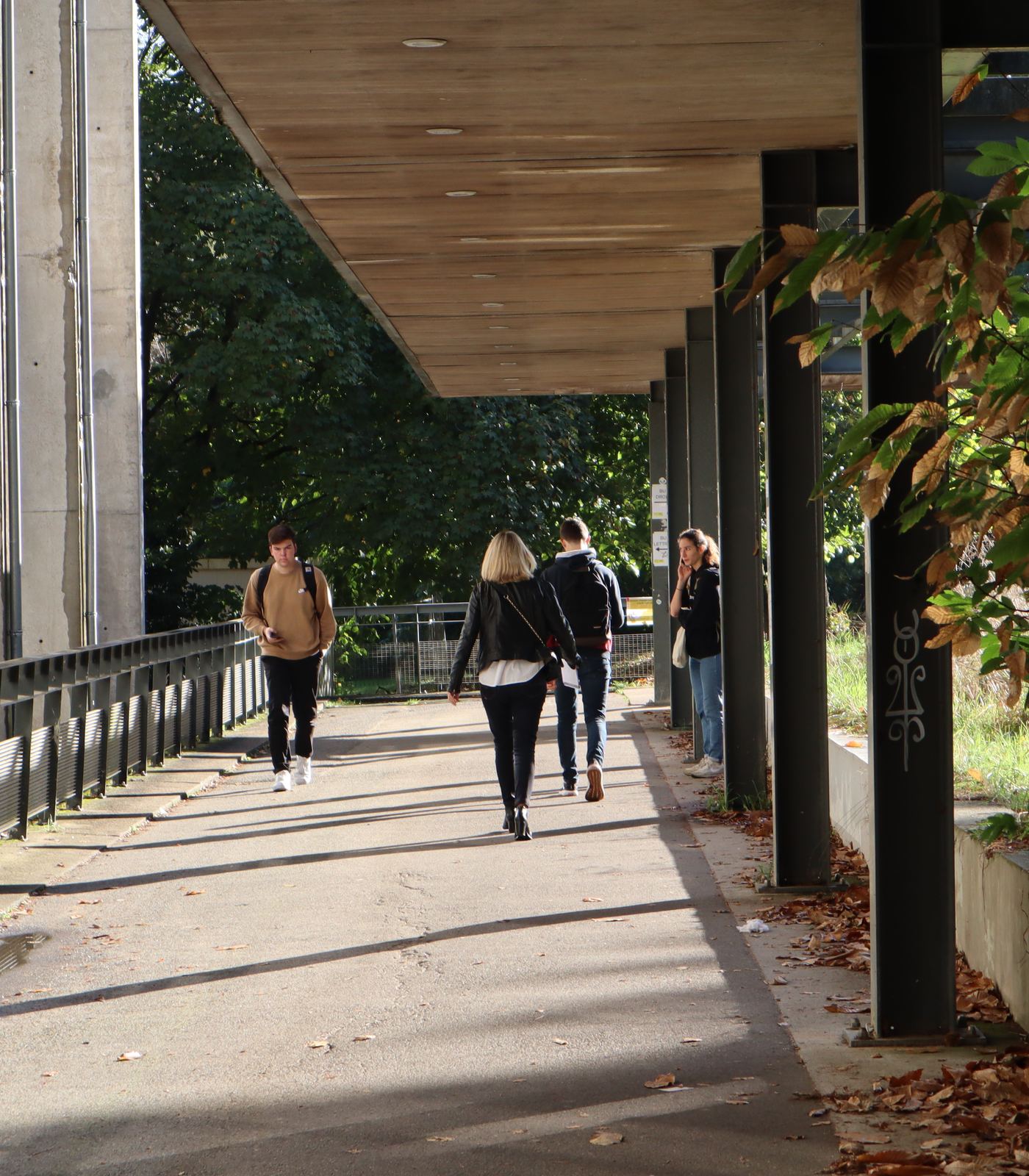 Étudiants marchant sur un campus universitaire
